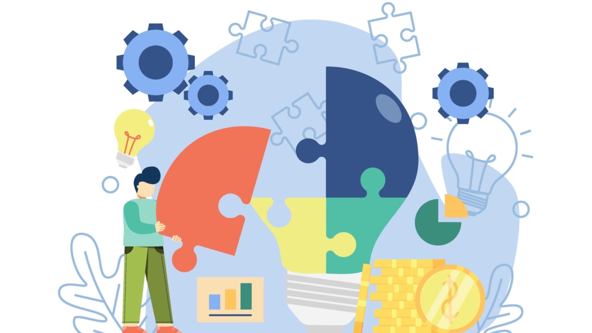 Business solution with Character Collect Light Bulb Puzzle Pieces. Problem Solving, Share Ideas, Creative idea, Find solutions. Graphic design for landing page, web, mobile apps, banner, template